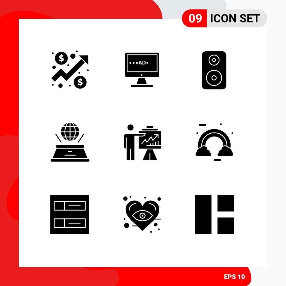 Group of 9 Solid Glyphs Signs and Symbols for business presentation lcd imagination world Editable Vector Design Elements