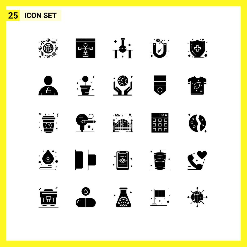 Pictogram Set of 25 Simple Solid Glyphs of magnetic investment programming dollar science experiment Editable Vector Design Elements