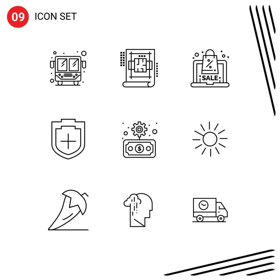 9 Universal Outlines Set for Web and Mobile Applications finance business laptop shield plus Editable Vector Design Elements