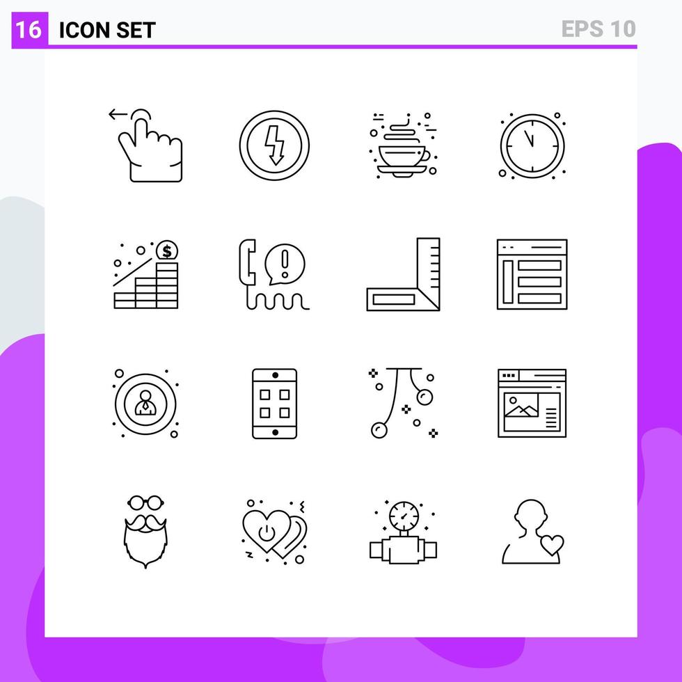 Mobile Interface Outline Set of 16 Pictograms of money increase coffee growth countdown Editable Vector Design Elements