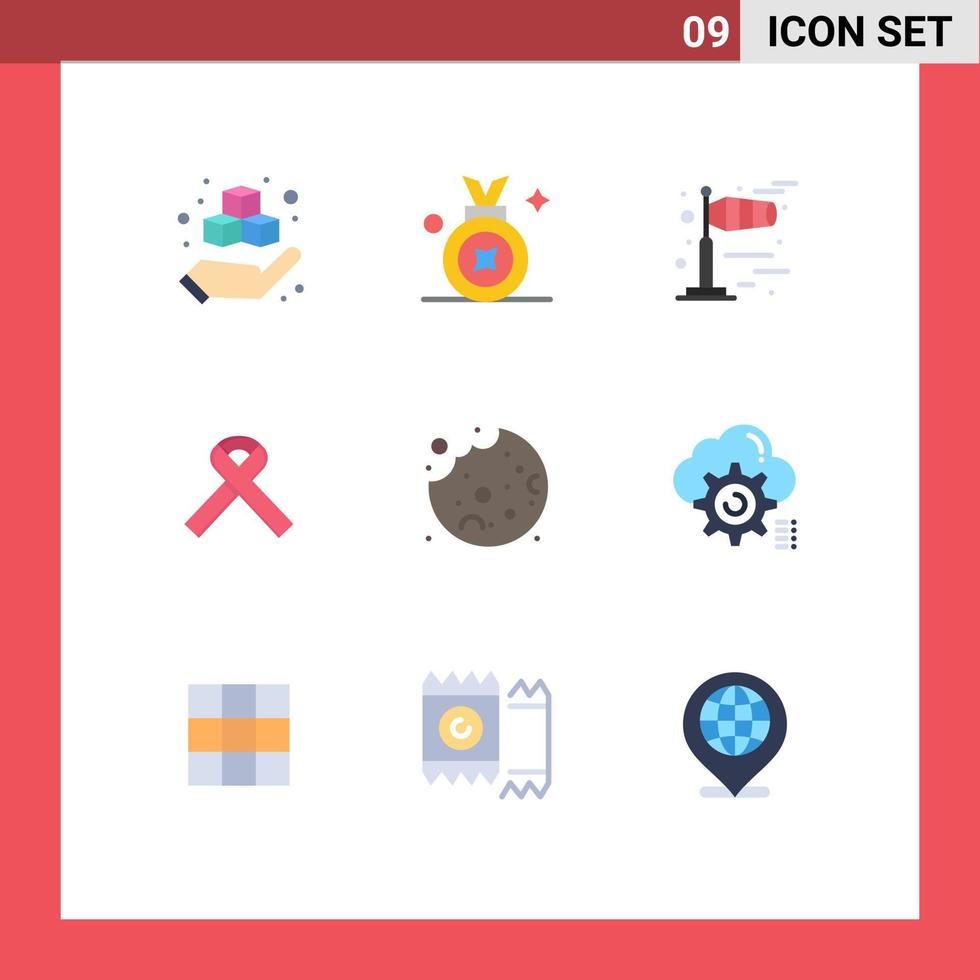 Universal Icon Symbols Group of 9 Modern Flat Colors of gear cookie windy cake awareness Editable Vector Design Elements