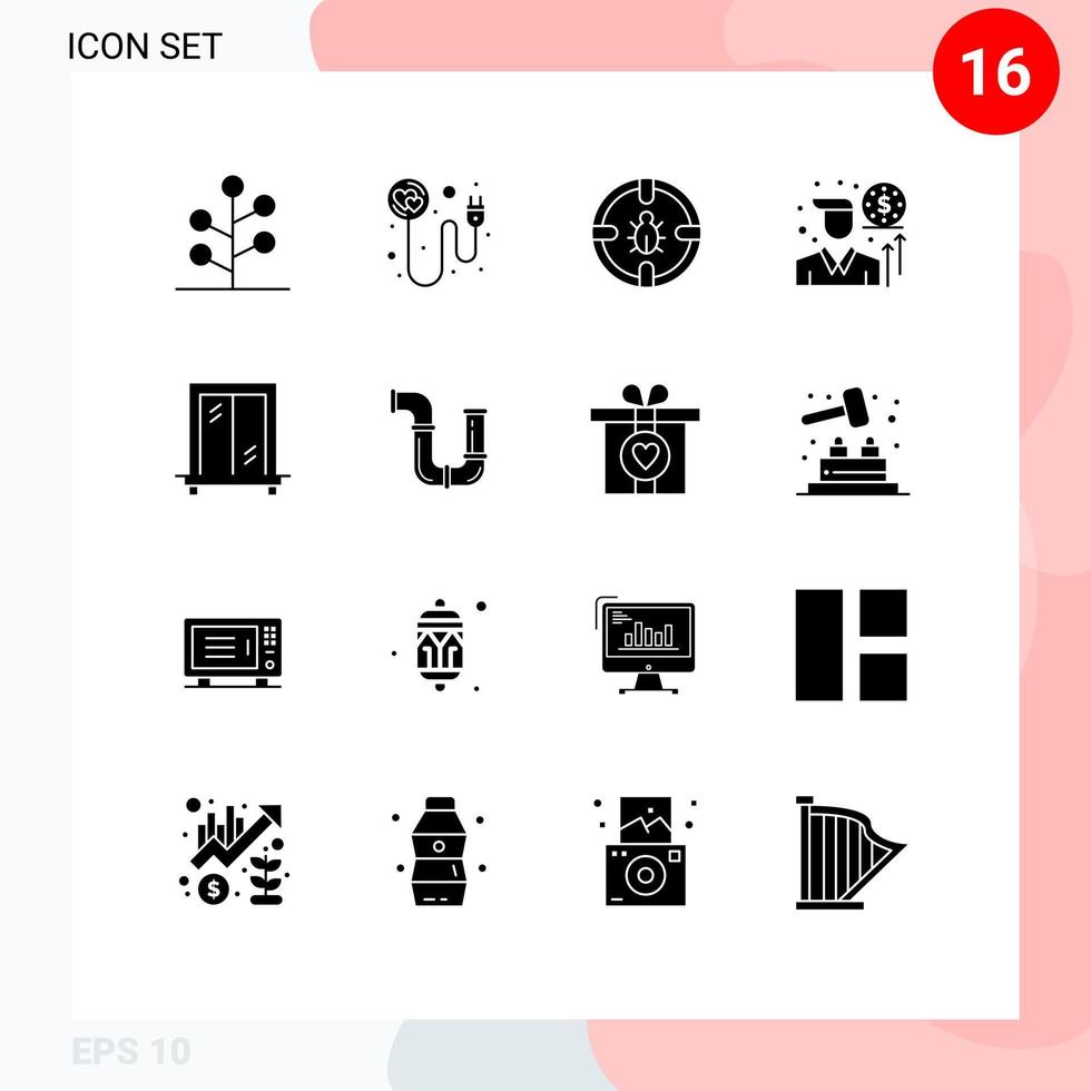 Editable Vector Line Pack of 16 Simple Solid Glyphs of window investor bug investment security Editable Vector Design Elements