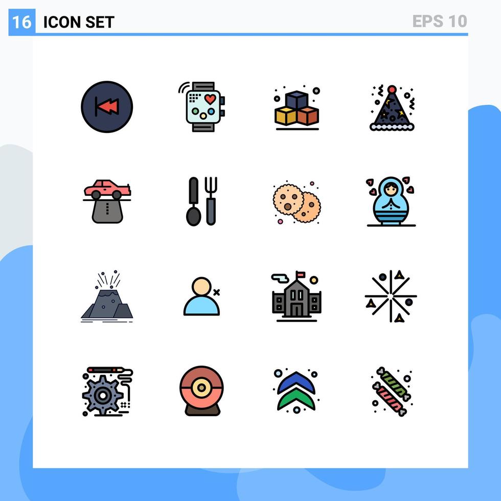 Universal Icon Symbols Group of 16 Modern Flat Color Filled Lines of authority hat heartbeat fun birthday Editable Creative Vector Design Elements