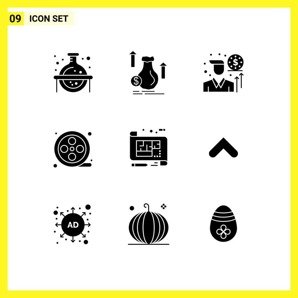 9 Universal Solid Glyph Signs Symbols of design architecture stock reel movie Editable Vector Design Elements