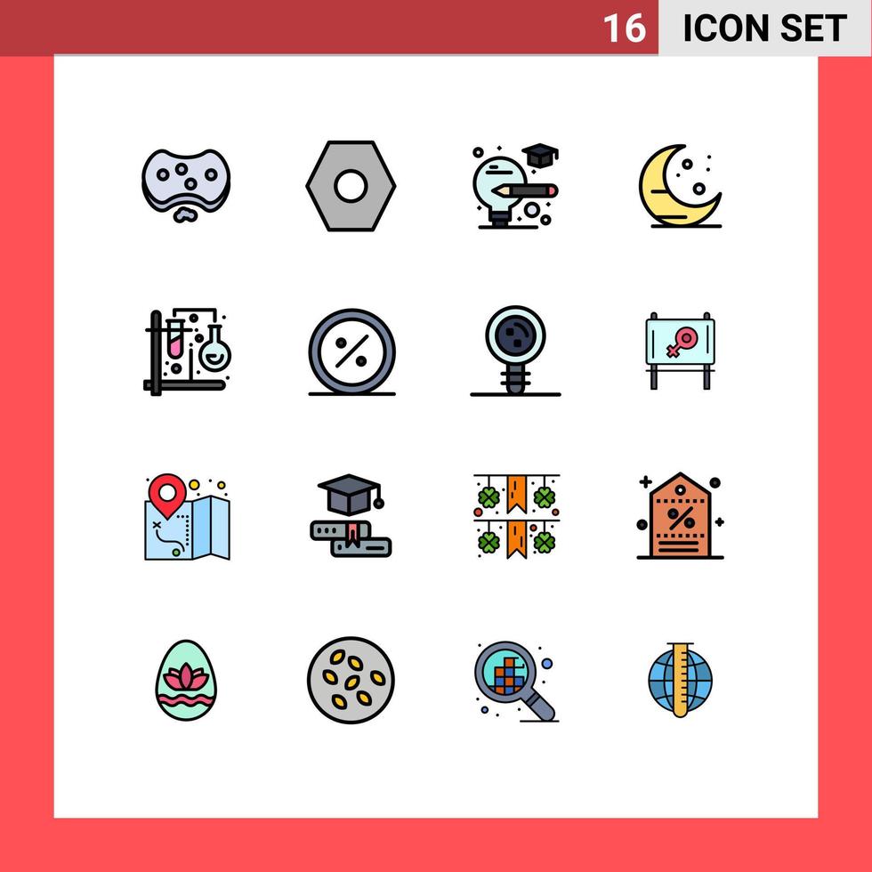 Universal Icon Symbols Group of 16 Modern Flat Color Filled Lines of formula test bulb chemistry moon Editable Creative Vector Design Elements