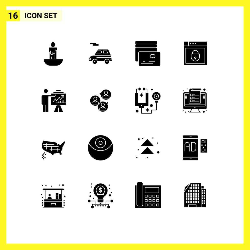 Universal Icon Symbols Group of 16 Modern Solid Glyphs of chart arrow card web security password Editable Vector Design Elements