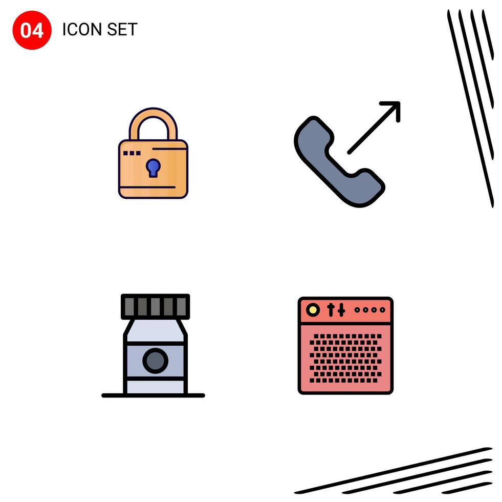 4 User Interface Filledline Flat Color Pack of modern Signs and Symbols of louck bottle security mobile amplifier Editable Vector Design Elements