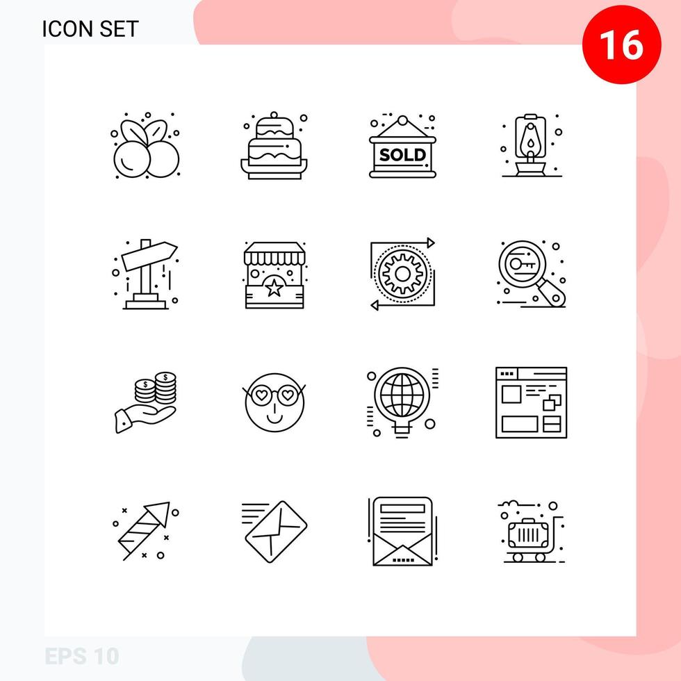 conjunto de pictogramas de 16 contornos simples de dirección camping decoración linterna vendido signo elementos de diseño vectorial editables vector