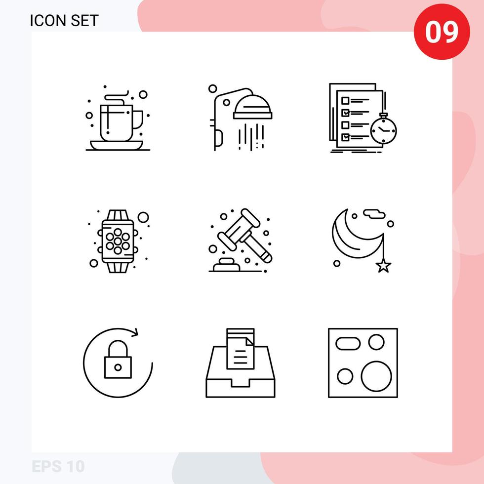 Outline Pack of 9 Universal Symbols of gavel feature task watch device Editable Vector Design Elements