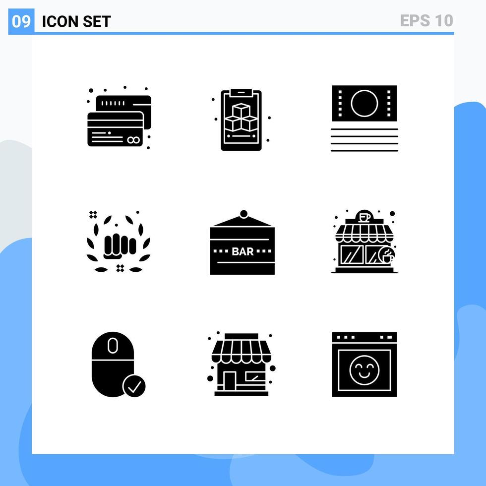 Pictogram Set of 9 Simple Solid Glyphs of drink bar bar ecommerce fist punch Editable Vector Design Elements