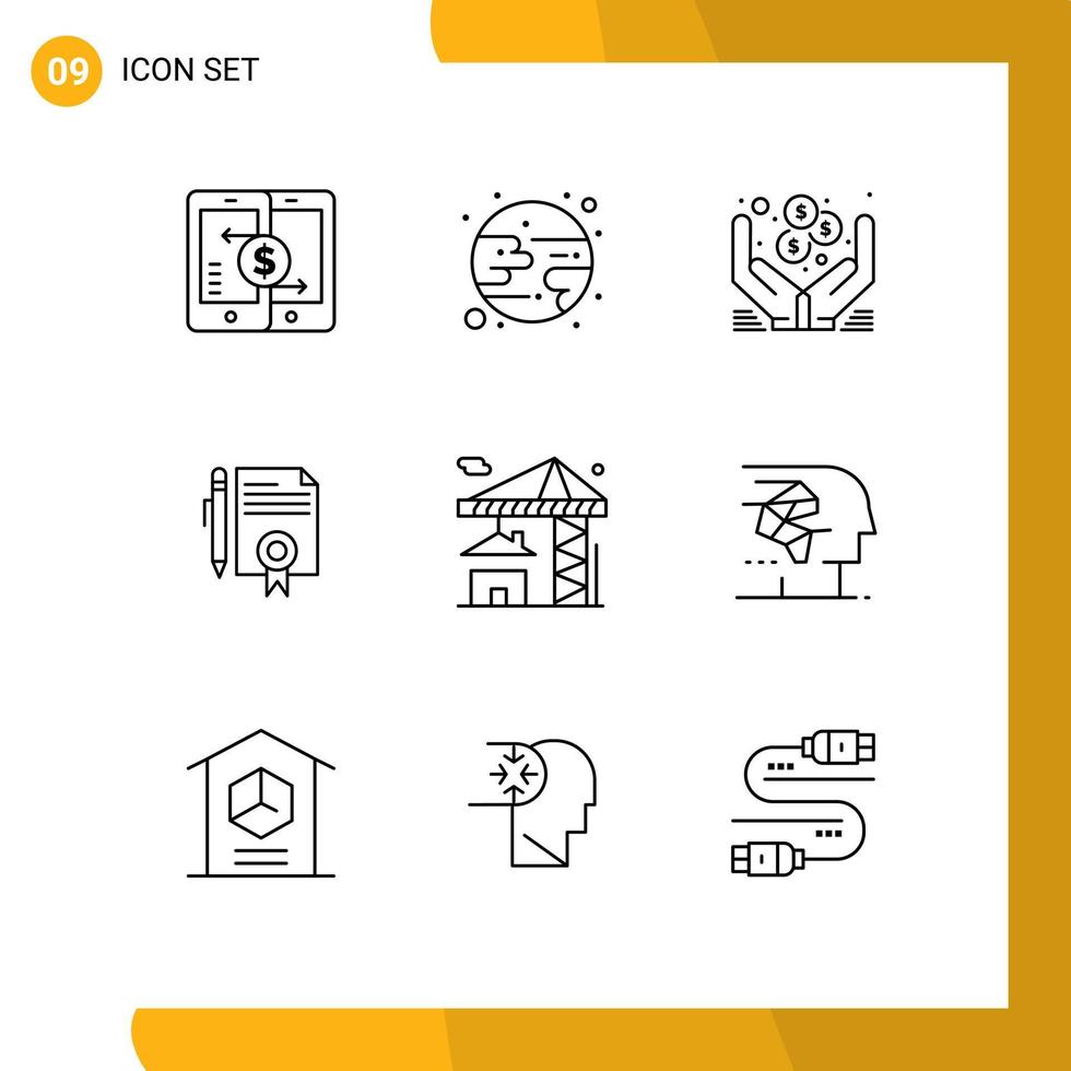 Group of 9 Modern Outlines Set for crane documents dollar document legal Editable Vector Design Elements