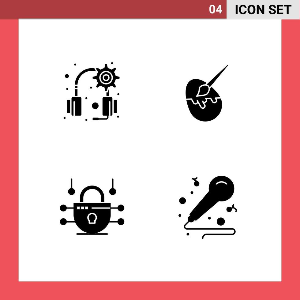 4 Universal Solid Glyphs Set for Web and Mobile Applications gear network security brush painting music Editable Vector Design Elements