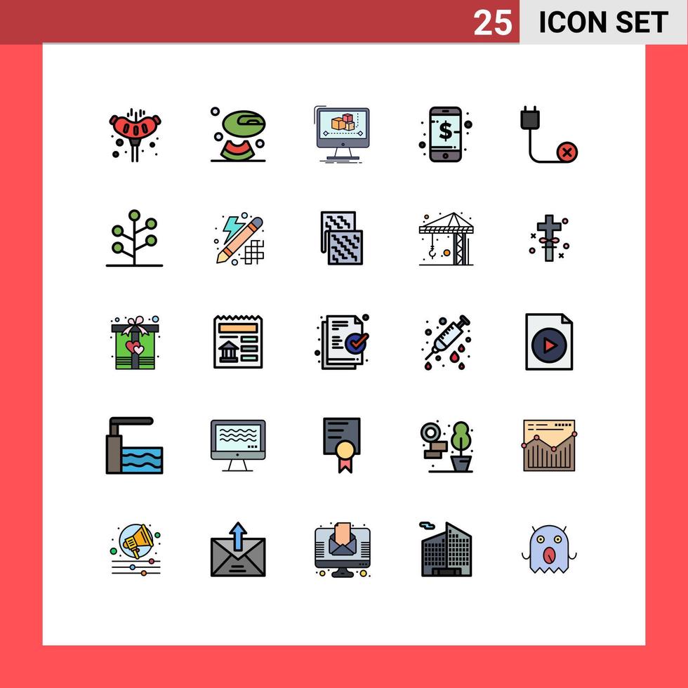 Group of 25 Modern Filled line Flat Colors Set for cord smart computer phone business Editable Vector Design Elements