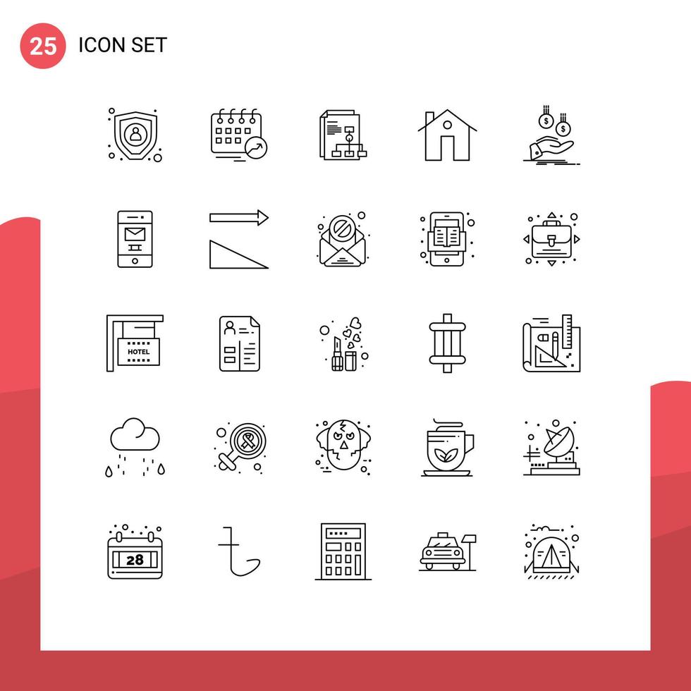 User Interface Pack of 25 Basic Lines of coins buildings presentation building address Editable Vector Design Elements