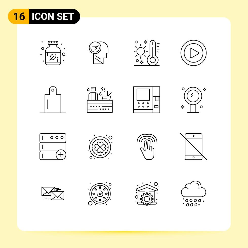 Set of 16 Modern UI Icons Symbols Signs for food play speed media thermometer Editable Vector Design Elements