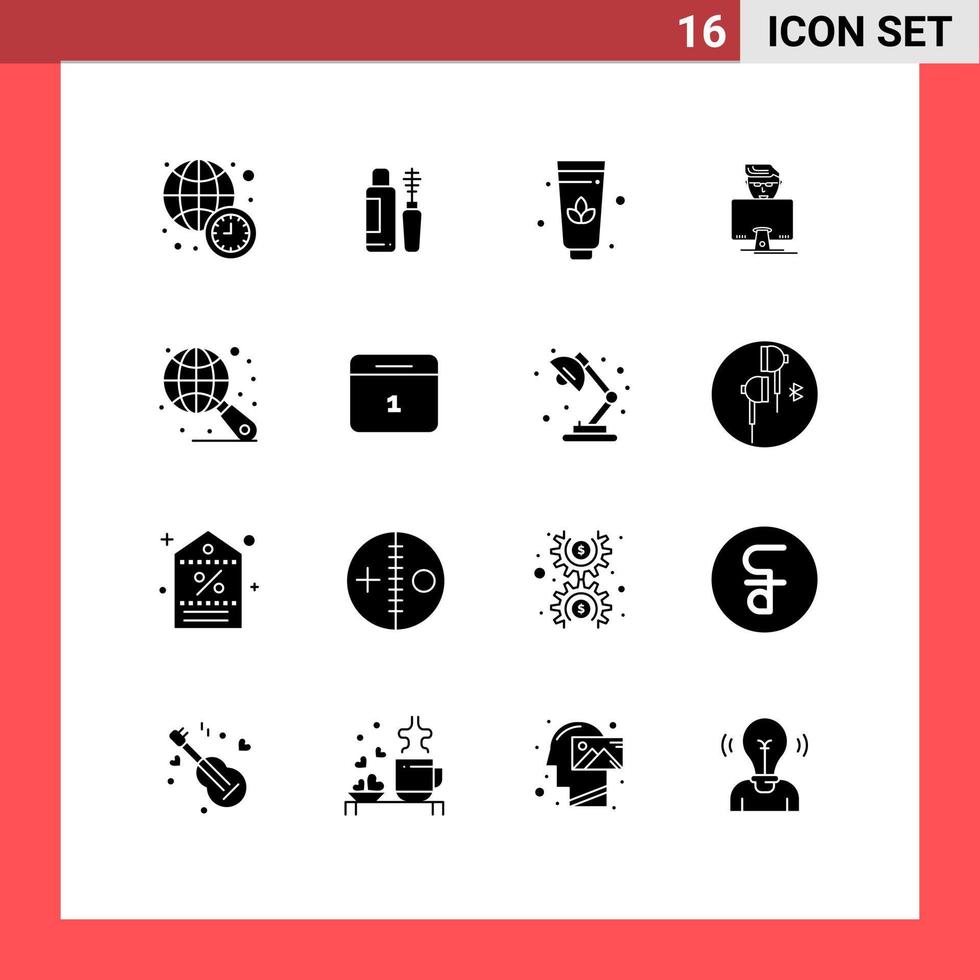 Solid Glyph Pack of 16 Universal Symbols of calender internet lotus globe gammer Editable Vector Design Elements