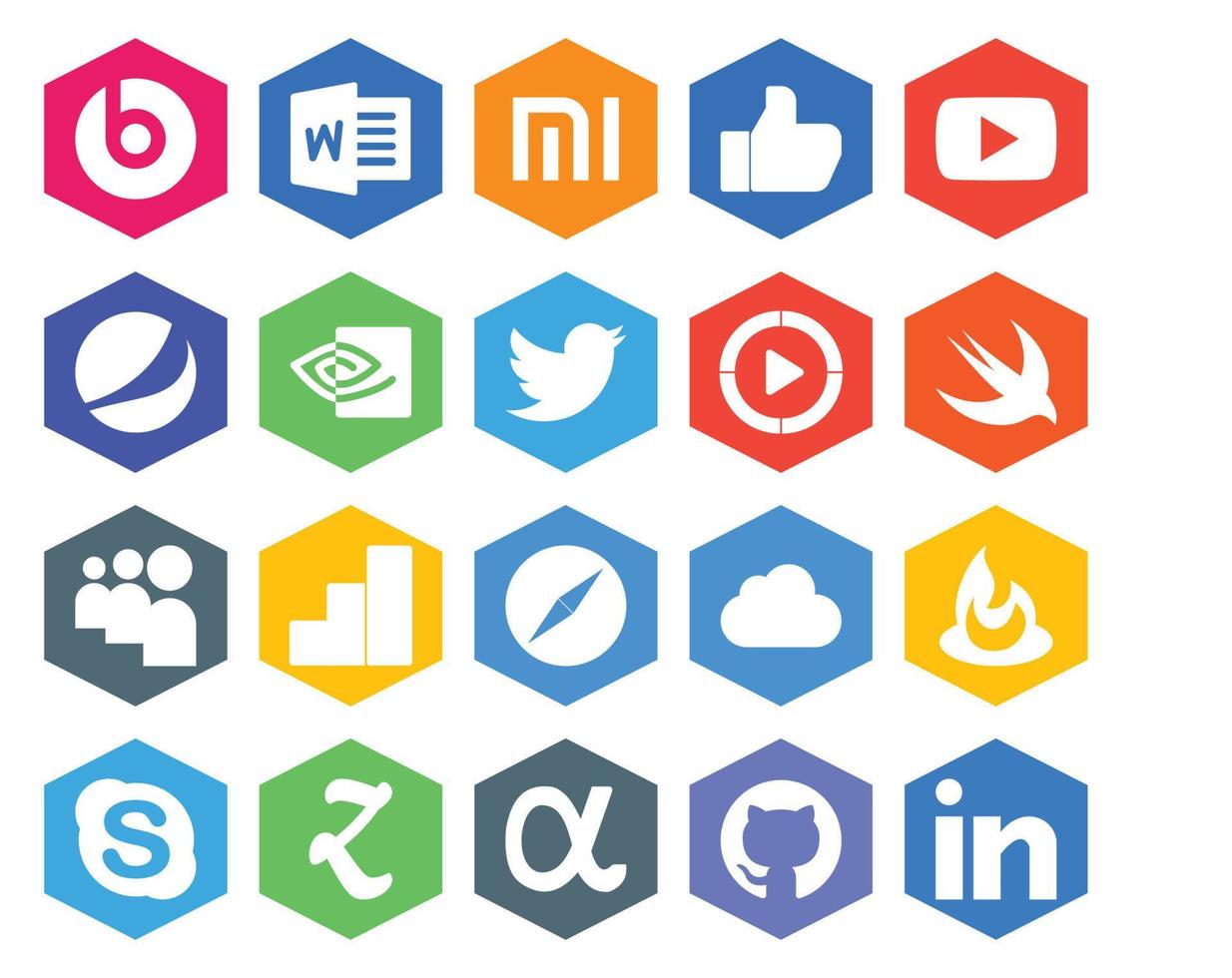 Paquete de 20 íconos de redes sociales que incluye icloud safari twitter google analytics swift vector