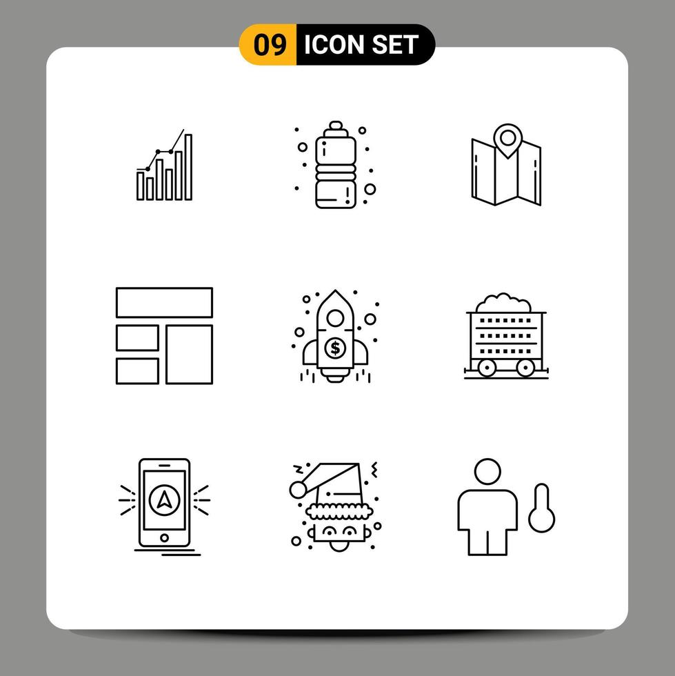 User Interface Pack of 9 Basic Outlines of frame pointer fitness health navigation direction Editable Vector Design Elements