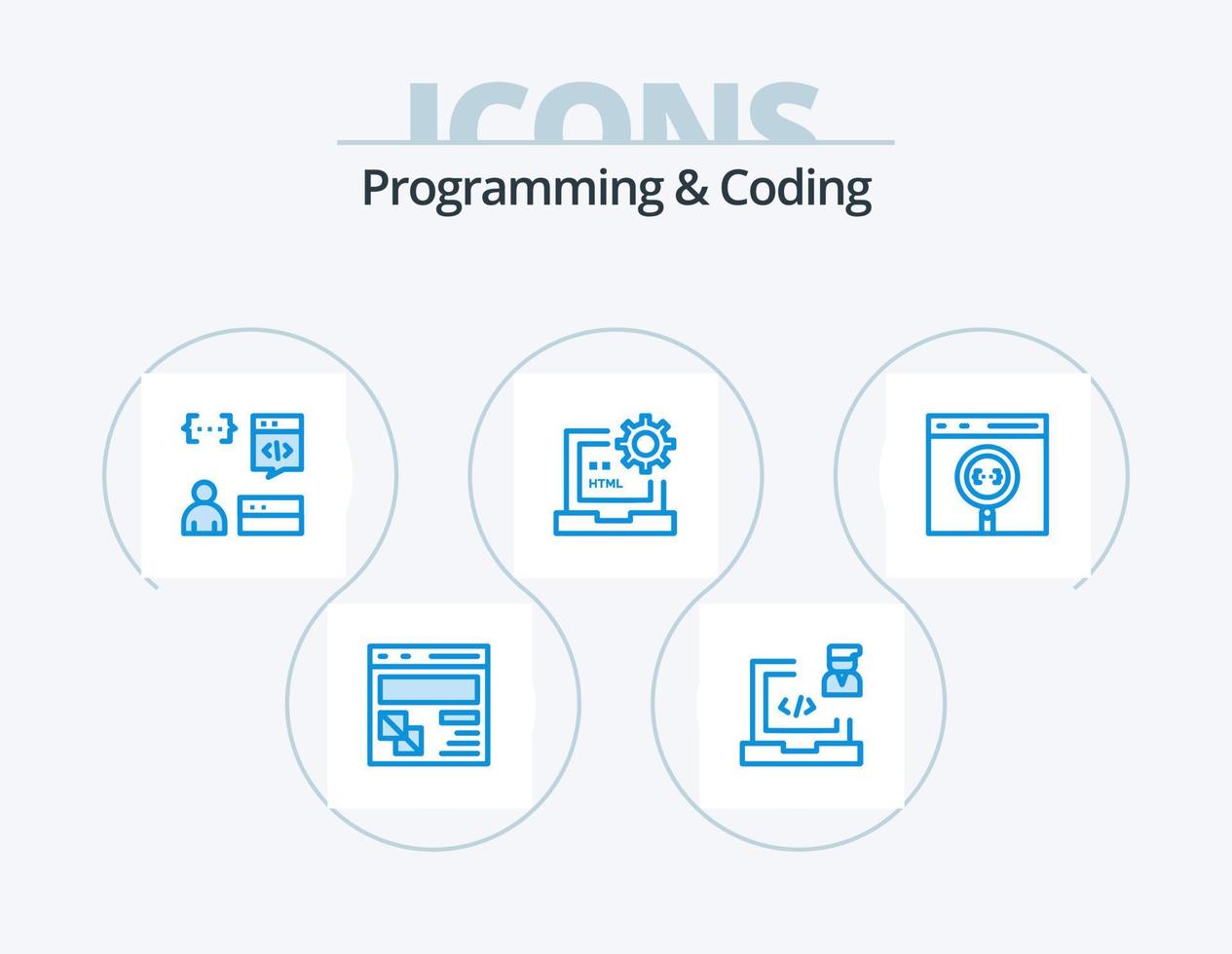 programación y codificación blue icon pack 5 diseño de iconos. desarrollar. código. ordenador portátil. programador. desarrollar vector