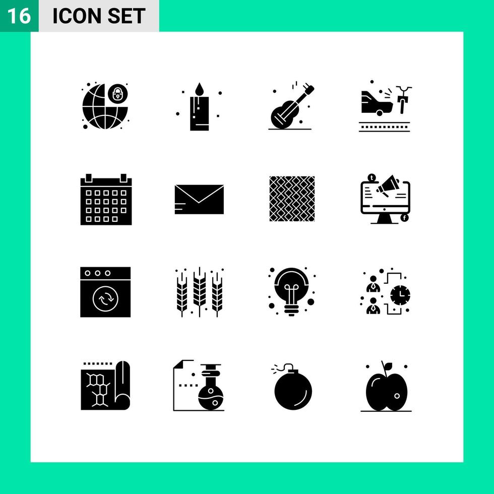 16 User Interface Solid Glyph Pack of modern Signs and Symbols of deadline calendar music crash bicycle Editable Vector Design Elements