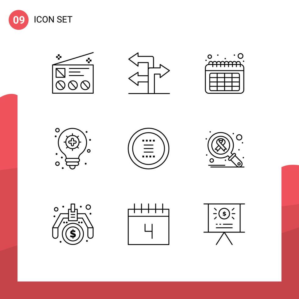 Stock Vector Icon Pack of 9 Line Signs and Symbols for menu circle calendar app light bulb Editable Vector Design Elements