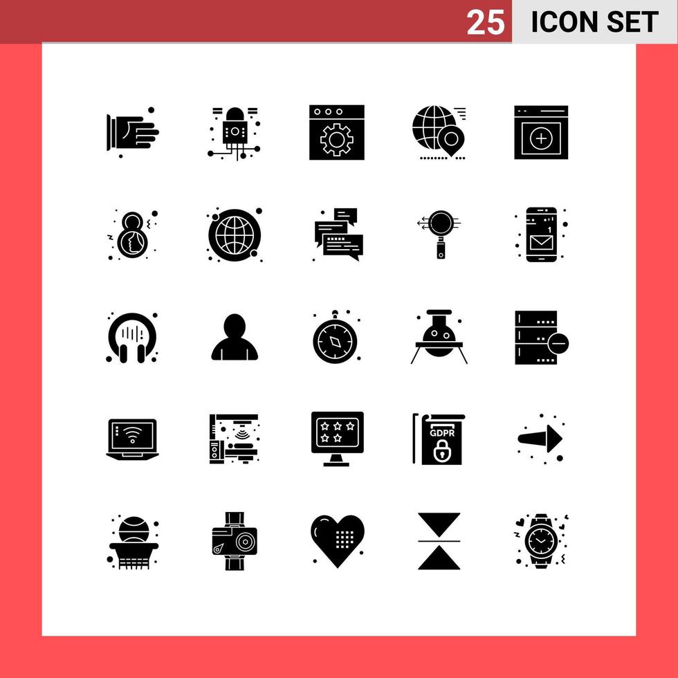 Mobile Interface Solid Glyph Set of 25 Pictograms of interface location app pin earth Editable Vector Design Elements