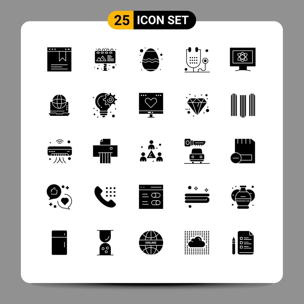 Set of 25 Commercial Solid Glyphs pack for science atom food medicine form Editable Vector Design Elements