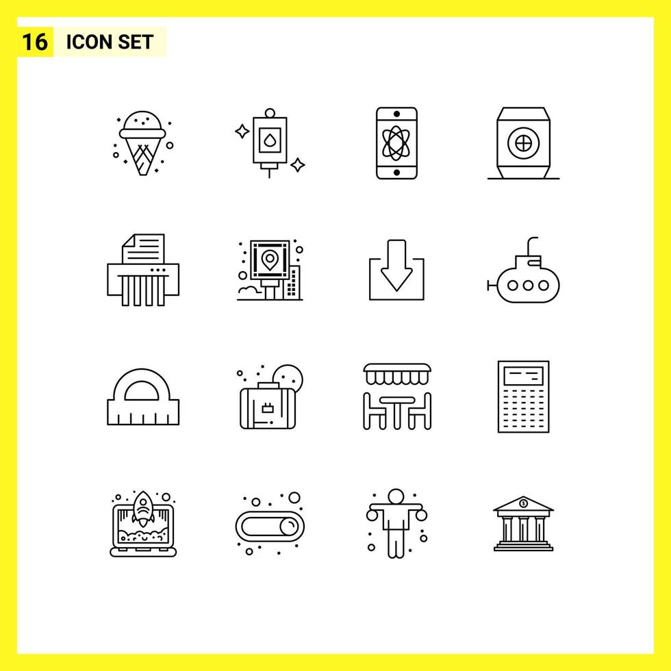 User Interface Pack of 16 Basic Outlines of city paper science device food Editable Vector Design Elements