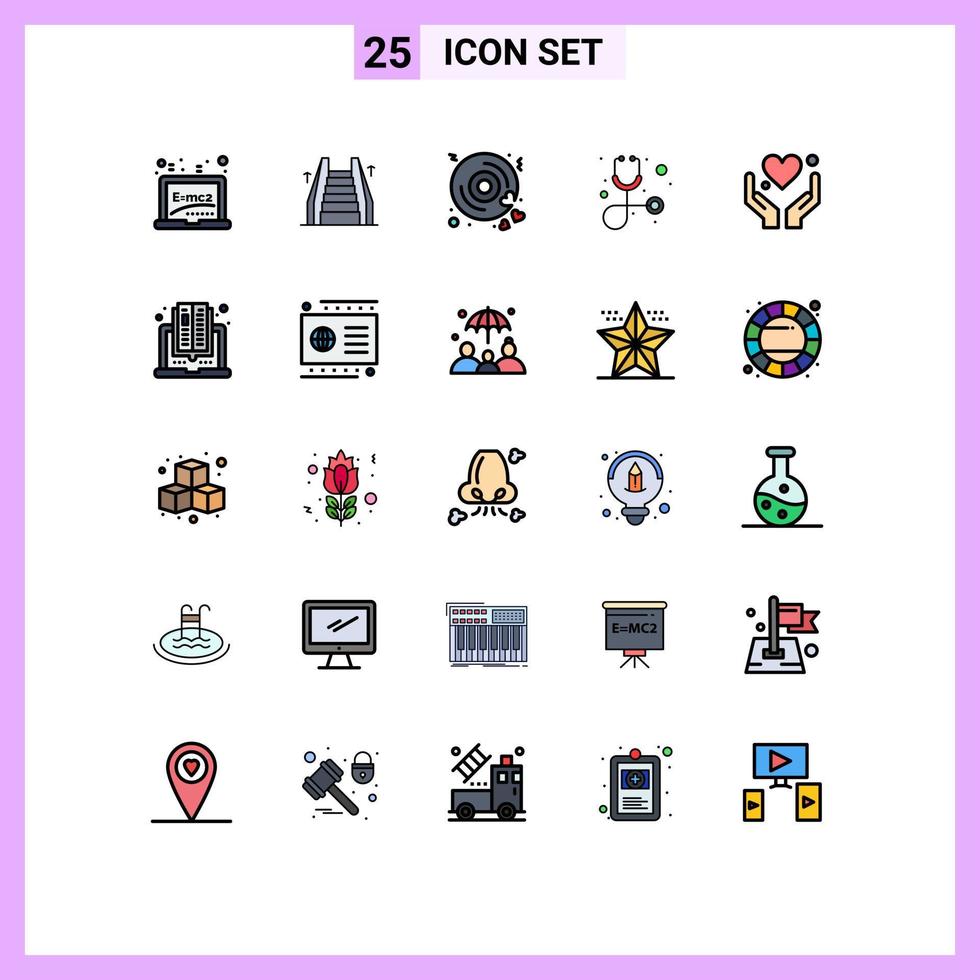 Universal Icon Symbols Group of 25 Modern Filled line Flat Colors of love hand disk stethoscope diagnosis Editable Vector Design Elements