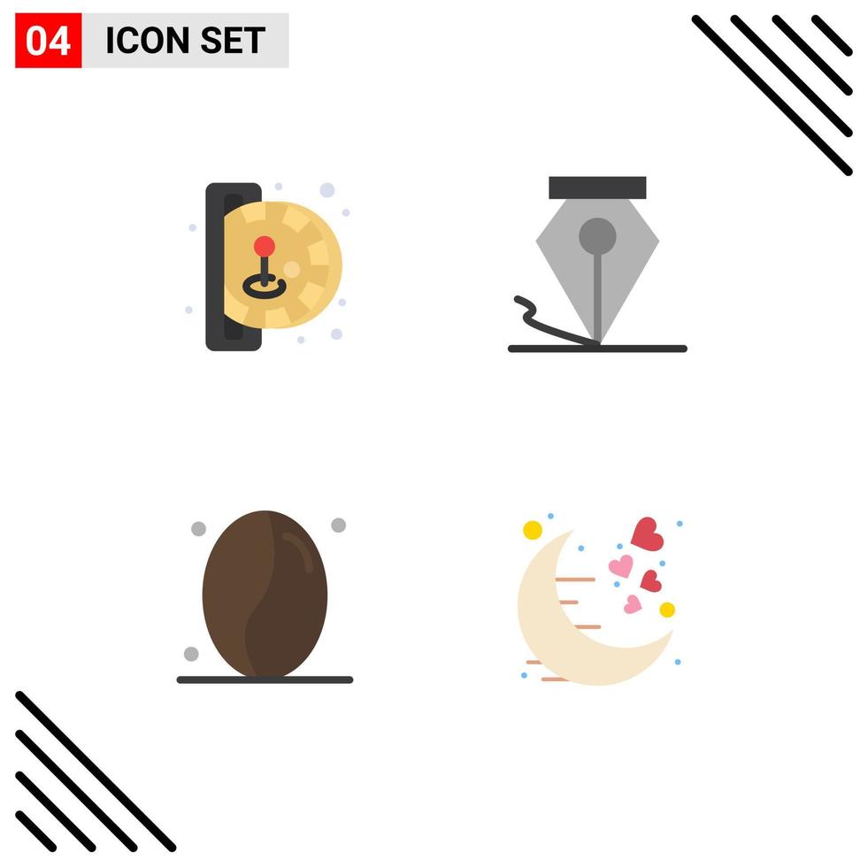 4 iconos planos universales establecidos para aplicaciones web y móviles insertar granos de moneda jugar pluma amor elementos de diseño vectorial editables vector