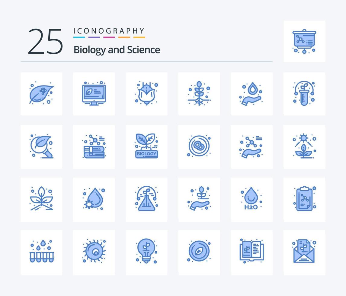 Biology 25 Blue Color icon pack including gmo. hydrogen. flower. formula. root vector