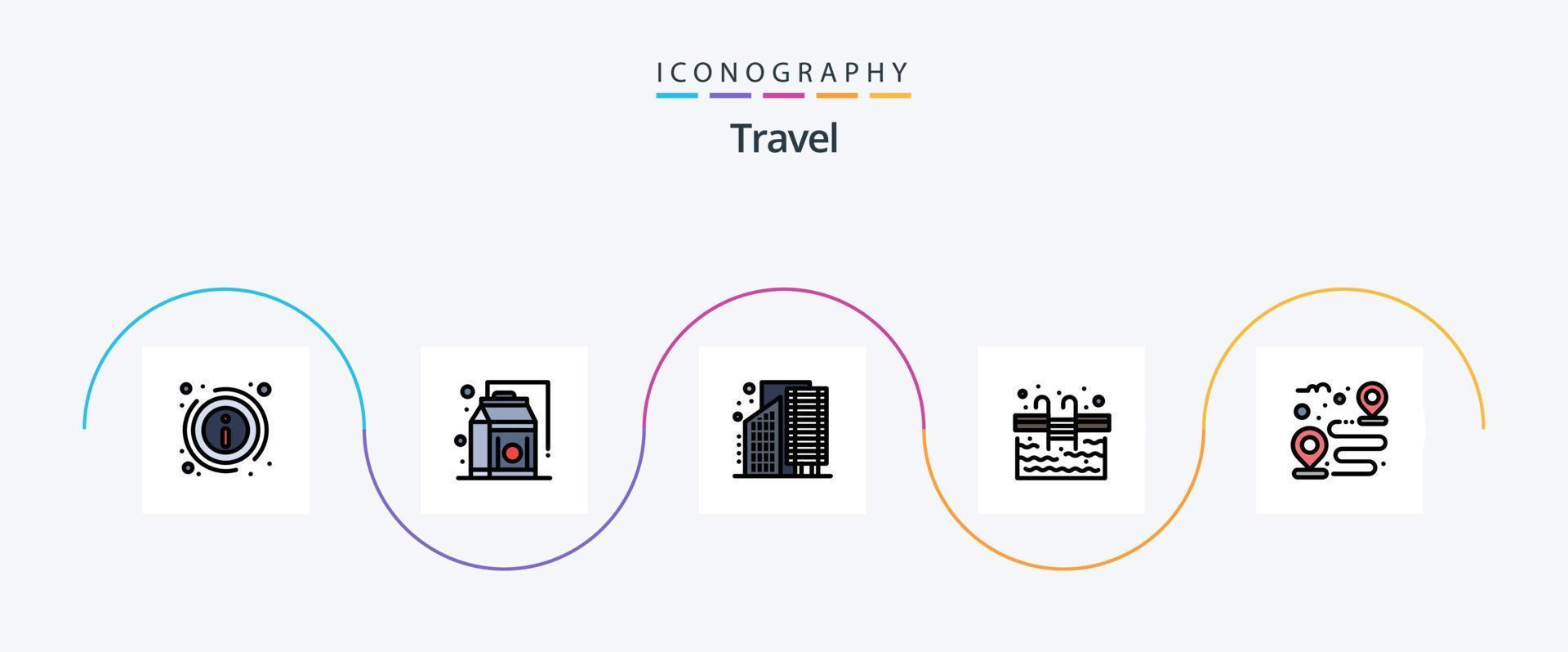 Travel Line Filled Flat 5 Icon Pack Including destination. water. buildings. stairs. infrastructure vector