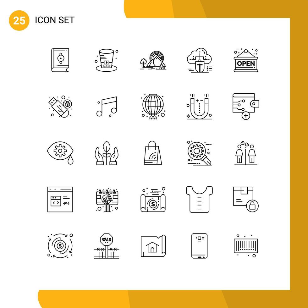 Editable Vector Line Pack of 25 Simple Lines of data connected mountain cloud rainbow Editable Vector Design Elements