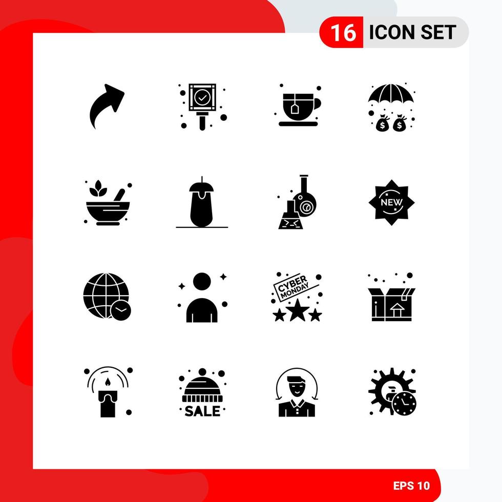 Group of 16 Solid Glyphs Signs and Symbols for lotus pharmacy tea mortar umbrella Editable Vector Design Elements