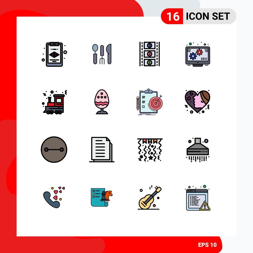16 Thematic Vector Flat Color Filled Lines and Editable Symbols of boiled egg train movie reel holiday christmas Editable Creative Vector Design Elements