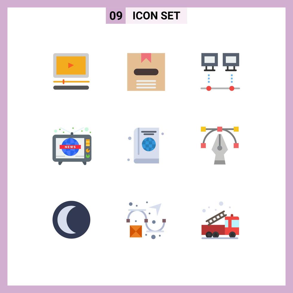 Group of 9 Flat Colors Signs and Symbols for passport tv computers television pc Editable Vector Design Elements