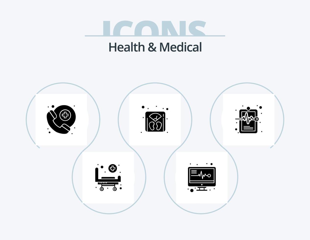 paquete de iconos de glifos médicos y de salud 5 diseño de iconos. historial médico. cuadro hospitalario. asistencia medica. salud. peso vector