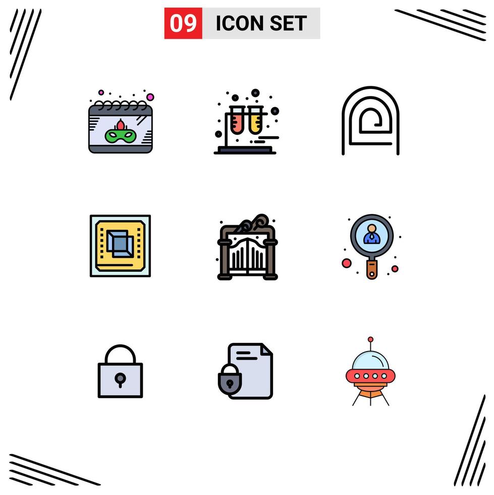 Pack of 9 Modern Filledline Flat Colors Signs and Symbols for Web Print Media such as gate hardware fingerprint cpu chip Editable Vector Design Elements