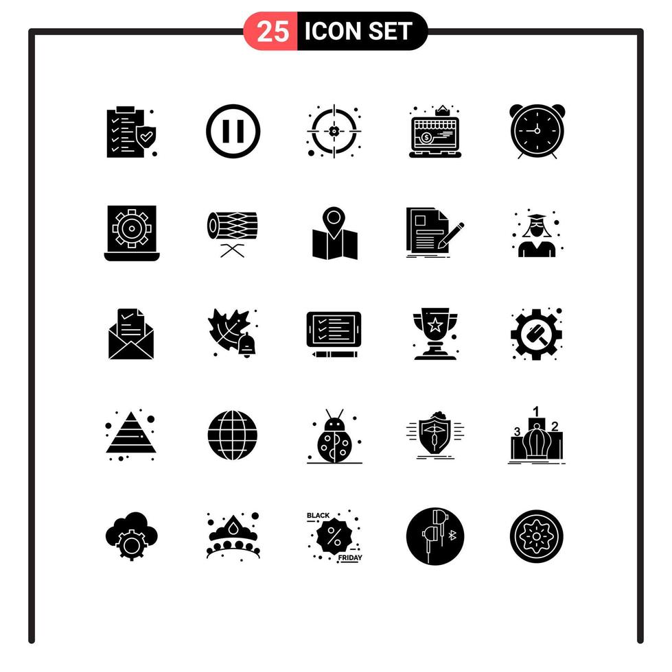 25 Universal Solid Glyphs Set for Web and Mobile Applications watch time target stopwatch laptop Editable Vector Design Elements