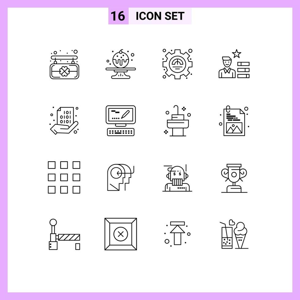 16 concepto de esquema para sitios web móviles y aplicaciones mano código de rendimiento binario lupa elementos de diseño vectorial editables vector