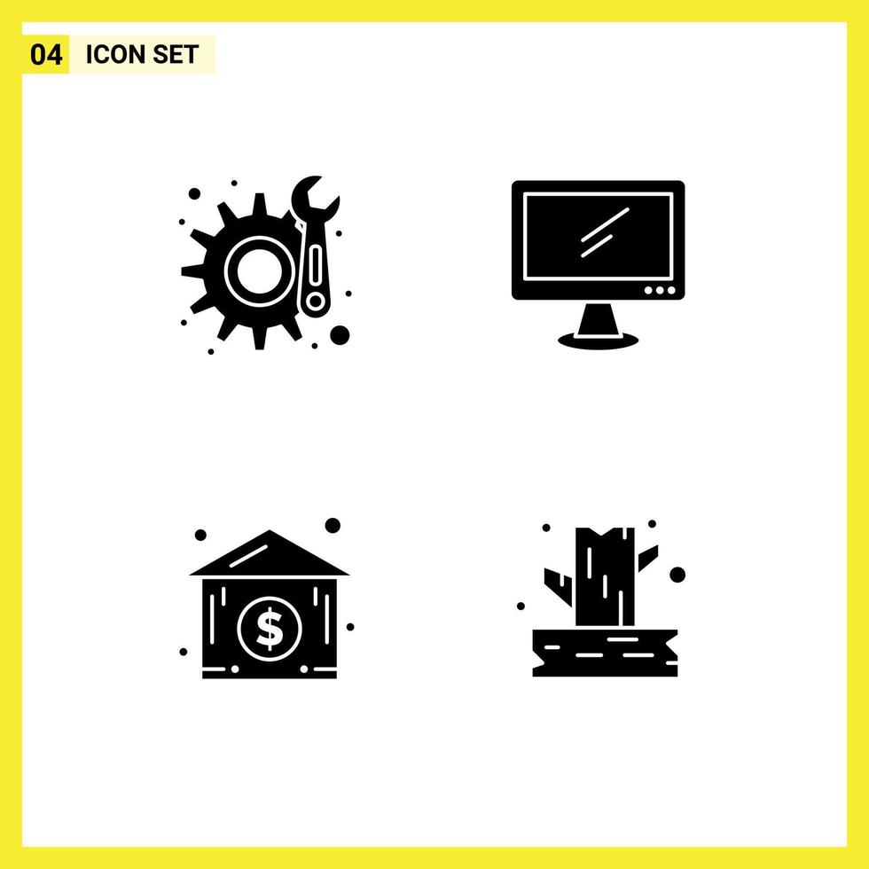 Modern Set of 4 Solid Glyphs and symbols such as gear house computer imac branch Editable Vector Design Elements
