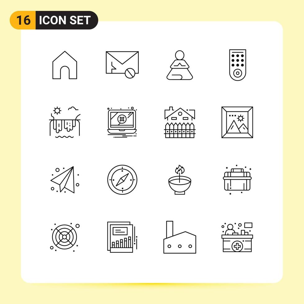 Modern Set of 16 Outlines Pictograph of sun mountains fast tv control Editable Vector Design Elements