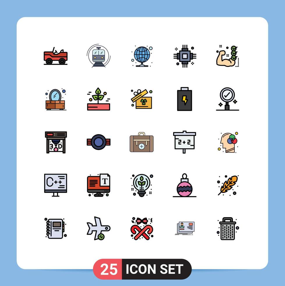 Pack of 25 Modern Filled line Flat Colors Signs and Symbols for Web Print Media such as gym electronic hosting electric chip Editable Vector Design Elements