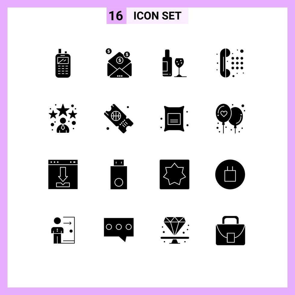 16 User Interface Solid Glyph Pack of modern Signs and Symbols of bookmark dial pad drink telephone communication Editable Vector Design Elements