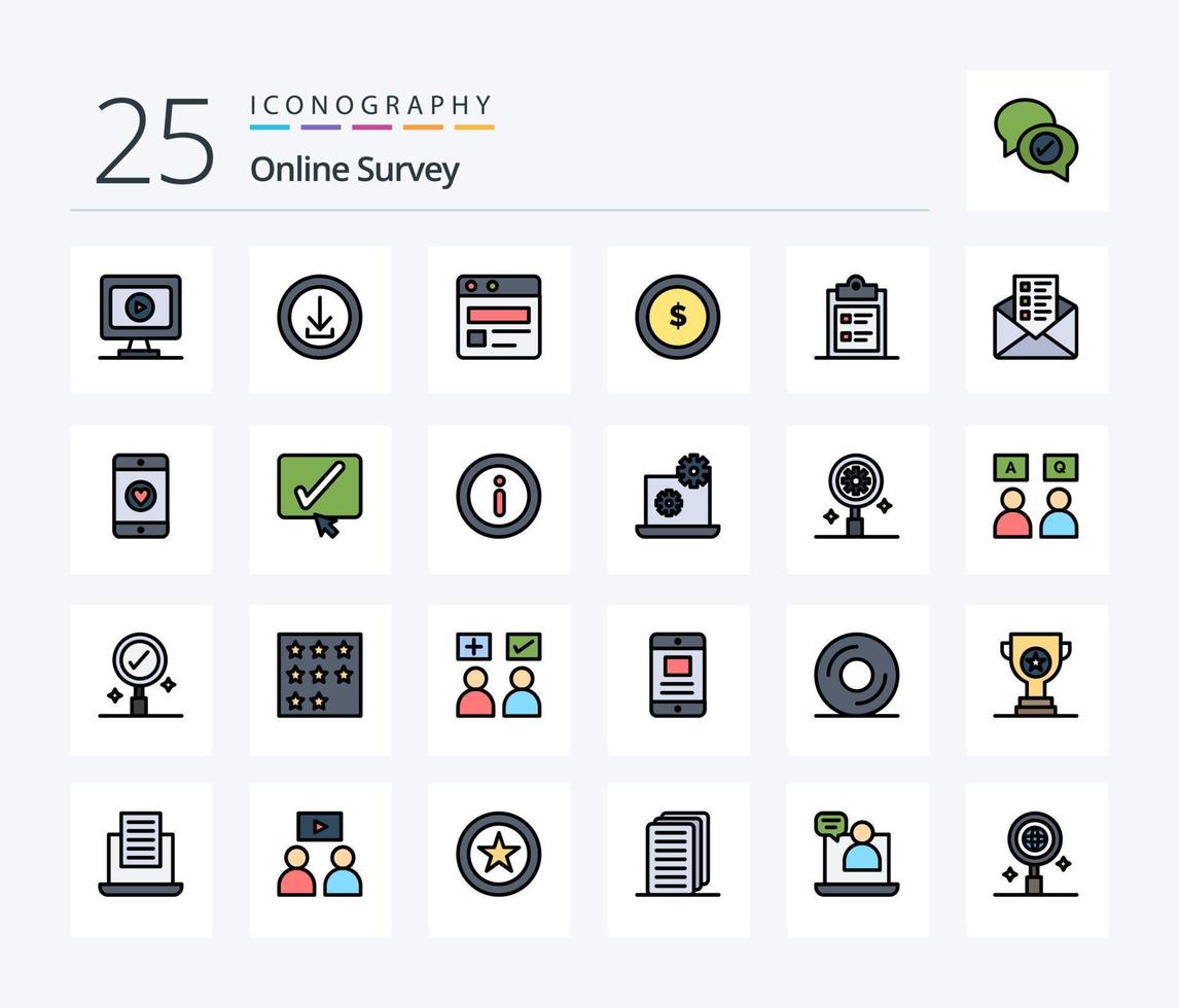 Online Survey 25 Line Filled icon pack including paper. business. business. finance. coin vector