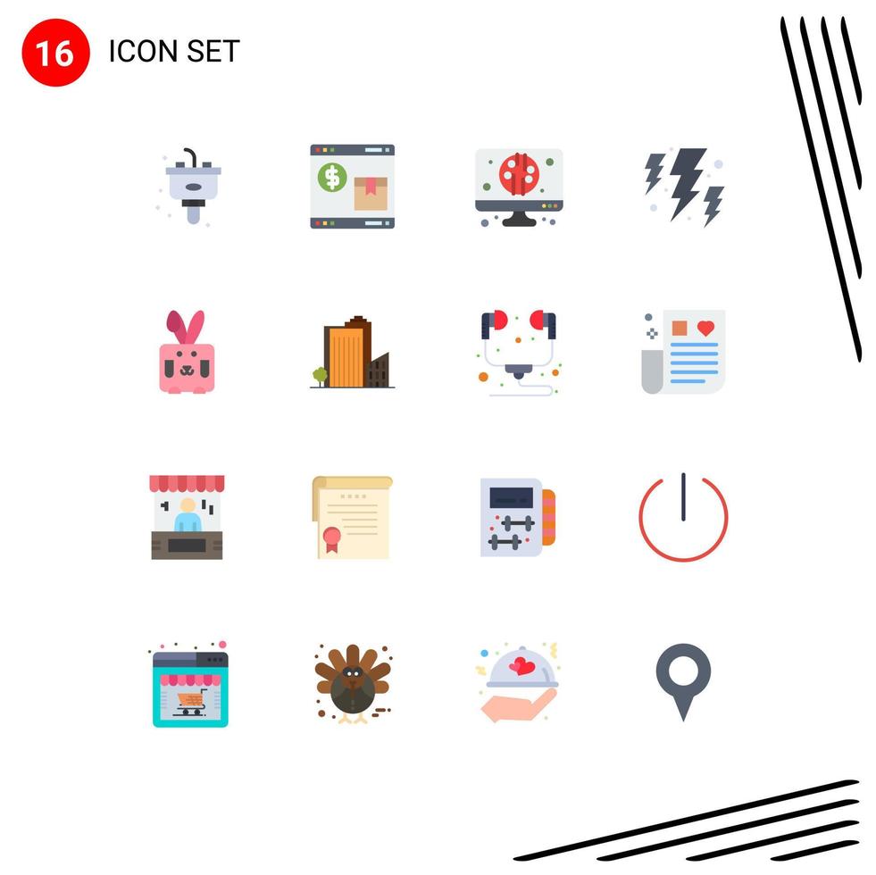 Group of 16 Flat Colors Signs and Symbols for easter weather web power bolt Editable Pack of Creative Vector Design Elements