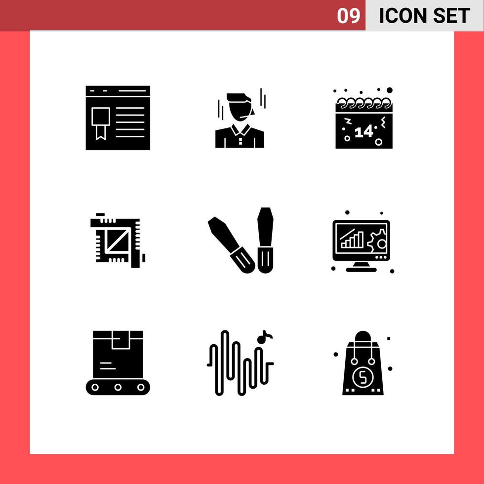 Set of 9 Vector Solid Glyphs on Grid for mechanic designing tool man crop tool valentines Editable Vector Design Elements