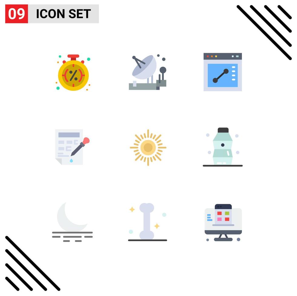 Pictogram Set of 9 Simple Flat Colors of sun color drop satellite color bucket website Editable Vector Design Elements