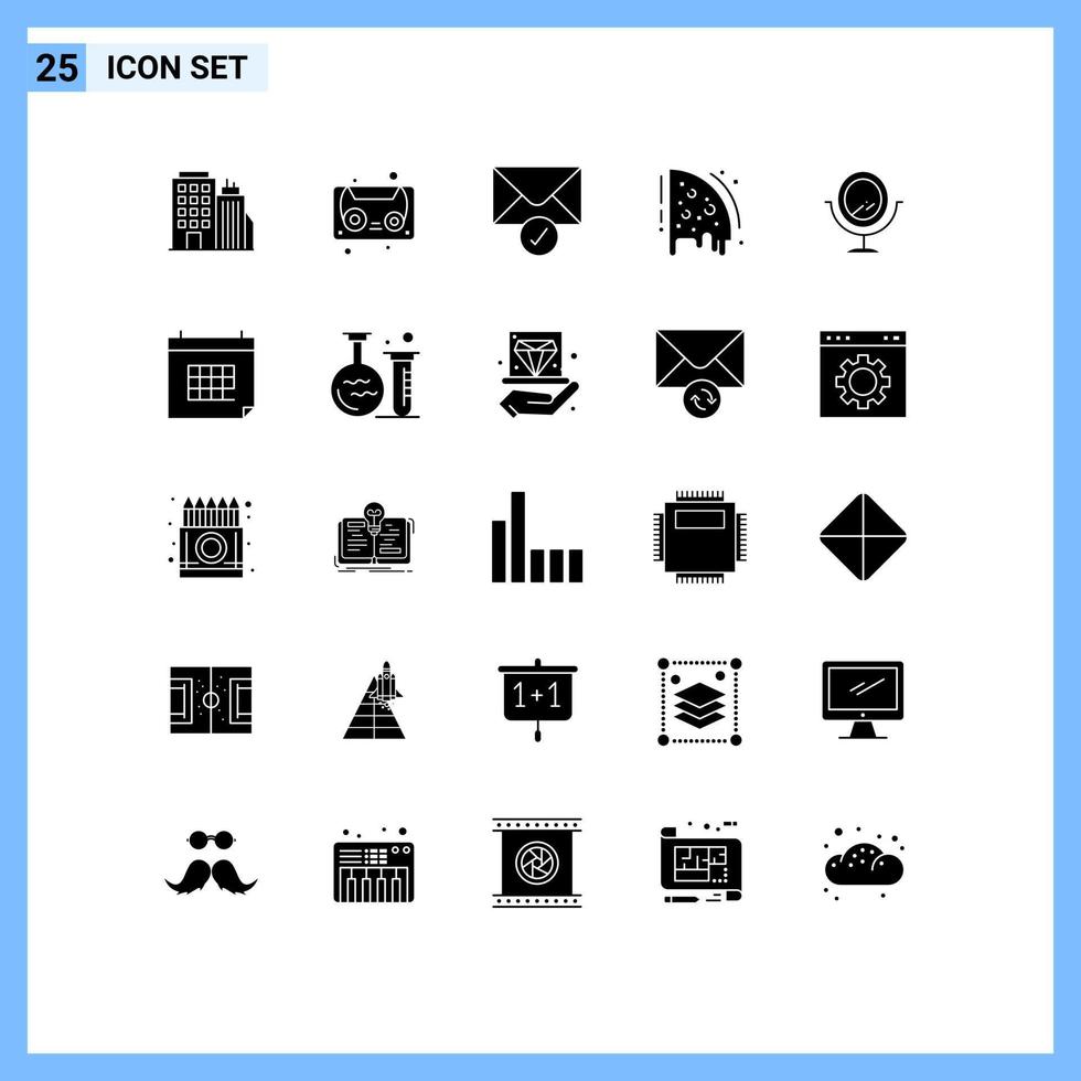 conjunto moderno de 25 pictogramas de glifos sólidos de la moda del calendario enviado elementos de diseño vectorial editables de comida espejo vector