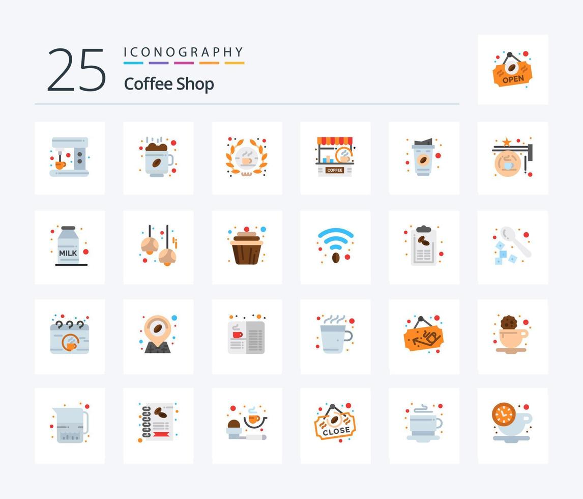 paquete de iconos de 25 colores planos de cafetería que incluye taza. tienda. café. encimera. cafetería vector